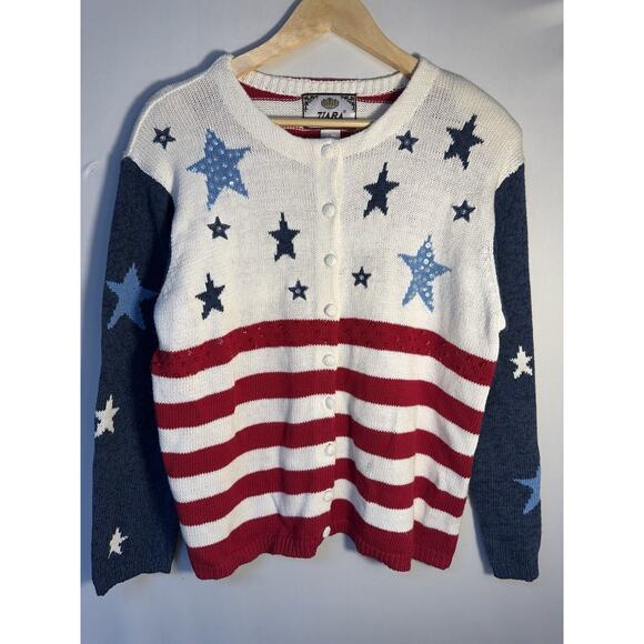 Tiara International Sweaters - Vintage USA Flag Cardigan Sweater Stars Stripes Patriotic Cottagecore L